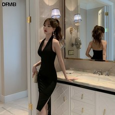 DFMEI 드레스 엘레강스 햅번 블랙 딥브이 홀터넥 슬림 힙스터트임 원피스 4166