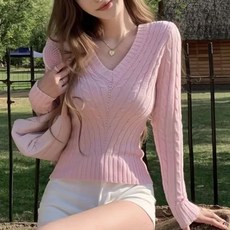 쁘띠꼬모 여성 브이넥 골지 크롭 슬림핏 데일리 캐주얼 심플 니트티 HLD5103013