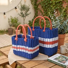 PVC 짜임 빨대 목욕 바구니 라탄 물놀이가방 스토로우 비치백 3size, 네이비