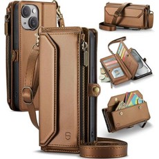 iPhone 15 Pro Max RFID 차단 10 카드 홀더 소프트 PU 가죽 마그네틱 스냅 숄더 스트랩 지퍼 포켓 휴대폰 케이스 6.7\" - 로즈 골드, iPhone 15 Plus - 6.7", Brown, 1개