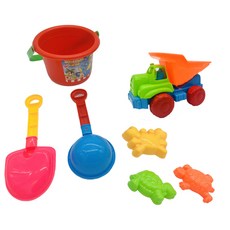 沙灘玩具套裝，包含水桶、鏟子、耙子、玩具車和動物造型模具，多種鮮豔色彩, Multicolor, 250g, 1套