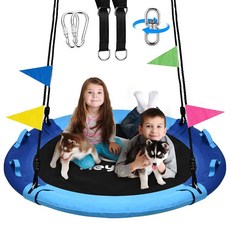 나무 그네 받침 스윙 감각통합 109cm 하중 408kg 움직임 보조 유아 스트랩 360도 회전 조절 작업, 블루 및 세룰리안