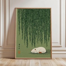 일본 고양이 버드나무 아래 포스터 거실 침실 장식 선물용 프레임 녹색 자연 벽 아트, 1. ZWD30143