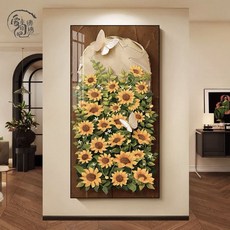 法式復古向日葵十字繡 豎版玄關過道裝飾線繡 簡約手工DIY材料包, 1個, -復古向日葵-,絲線50*100釐米（三股線繡-不帶框）