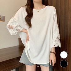 핏몬 55-99 빅사이즈 레이스 롱 박시 7부 블라우스 티셔츠