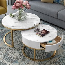 現代簡約圓形巖闆茶幾，小戶型客廳創意石材玻璃組閤茶桌，多功能圓形茶几, 60+45雙亮面雪山白-白抽屜金腳, 1個
