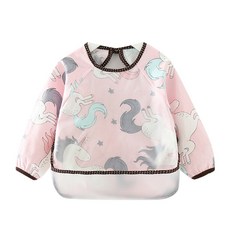 Baby童衣 兒童防潑水圍兜 寶寶反穿吃飯罩衣 長袖圍兜 畫畫衣 防髒汙 舒適透氣, 1個, 長袖粉色馬反穿衣(適合0-2歲)