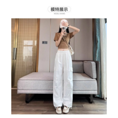 白色速幹闊腿工裝褲 女 小個子高腰束腳運動休閒褲, 白色, L