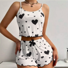 [DREAM HIGH] 여성용 하트 패턴 잠옷세트 캐미솔+반바지 편안한 여름 홈웨어 러블리한 스타일