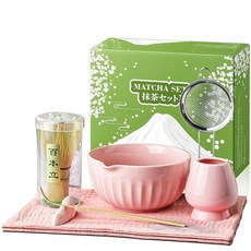 108903 말차 거품기 세트 7피스 핑크 키트 세라믹 볼 및 홀더 대나무 스쿱 스쿱 레스트 체 티 타월 포함, 108903 말차 거품기 세트, 7피스 핑크 키트, 세
