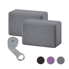Gaiam 에센셜 요가 블록(2개 세트) - 요가 필라테스 명상을 위한 지지형 라텍스 프리 EVA 폼 부드러움 미끄럼 방지 표면 326766, 2 Blocks W/Strap, Grey