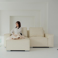 우아미가구 무브 포켓스프링 탑재 3인용 모듈 가죽 소파+스툴, 크림아이보리