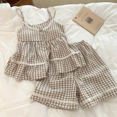 女款夏季格子帶胸墊棉質吊帶睡衣家居服