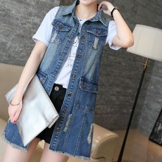 여성용 빅사이즈 하프 코트 수술 대미지 캐주얼 베스트 데님 조끼