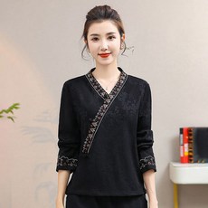 ORZQU 가을 겨울 한복 스타일 자수 이너 티셔츠 상의 브이넥 기모 맨투맨 티셔츠