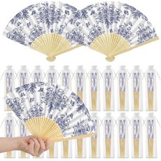 Arttown Wedding Fans for Guests Bulk 25 PACK 팩 Bamboo AND & Paper FOLDING 폴딩 HAND ORGANZA 오간자 BAG, Blue Floral