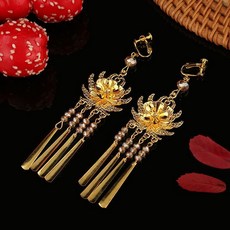 臺灣*出貨 新款金色奢華鳳冠新娘頭飾中式漢服婚禮秀禾旗袍敬酒服龍鳳褂頭冠, 1個, 金色（耳环一对）耳夹