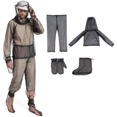 防蚊服 戶外網眼防護套裝 登山透氣防蟲衣, 4件套：衣服+褲子+手套+脚套, 均碼