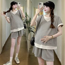 임산부 여름 세트 캐주얼 페이크 투피스 반팔 상의 하이웨이스트 반바지 상하의 투피스 루즈핏 기질 임부 세트 CY