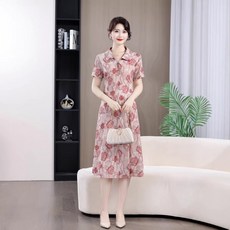 DFMEI 中老年女士夏季新款印花連衣裙大碼寬鬆顯瘦媽媽裝翻領裙子
