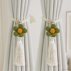 桃園出貨 窗簾綁帶簡約清新花朵創意裝飾紗簾收納扎束帶窗簾釦環夾K-374, 綠色一對, 1個