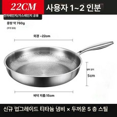 독일 하이엔드 3중 스테인리스 티타늄 해머 패턴 프라이팬 무코팅 가정용 스테이크 인덕션 평저팬, 22cm 뚜껑 없음