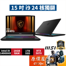 MSI微星 Katana 15 HX B14WGK【1017TW】i9/5070/15.6吋電競筆電/原價屋, Katana 15 HX B14WGK【1017TW】, Windows 11 家用版, 16GB, 1TB, 黑色