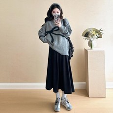 임산부 겨울 스커트 세트 가을 겨울 캐주얼 루즈핏 임부 니트 풀오버 + 롱 스커트 세트 JS