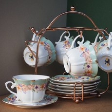 車矢菊藍英式6入咖啡杯盤組 六入新骨瓷咖啡杯下午茶茶具套組 精美禮盒裝, 1個, 田園風, 六杯六盤+杯架