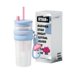 LONGGU 물통 tritan트라이탄 710mL 대용량 빨대 차칸 브로콜리 장식 있는 여름 물통, 블루(차칸 포함), 1개