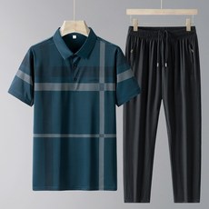 男士休閒運動套裝 夏季新款冰絲POLO衫短袖翻領T恤寬鬆大碼兩件套