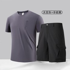 運動兩件套裝男夏季冰絲透氣圓領短袖工裝短褲