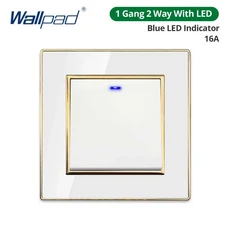 Wallpad 흰색 아크릴 패널(골드 테두리 ) LED 표시기가 있는 2방향 벽 조명 스위치 USB가 EU 전기 콘센트, 09 1 Gang 2 Way LED