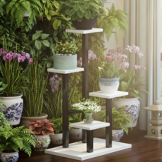 가아덴 화분진열대 화분정리대 거치대 식물 선반 다이, 4단, 블랙프레임+화이트받침