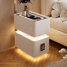 智能床頭櫃 窄型床邊櫃 多功能收納 指紋/密碼鎖 實木抽屜 適用於臥室沙發邊櫃, 【基礎版】淺灰色+品質巖板+感應燈,25x40x50cm, 1個