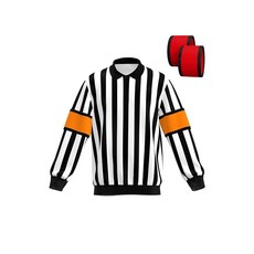 GCA 프로 아이스하키 긴소매 심판 저지 공식 심판 셔츠 - 무료 탈착식 오렌지 & 레드 암밴드 남성용 블랙.