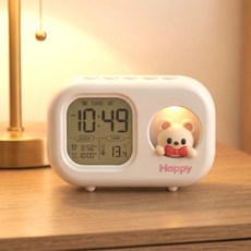 [신학기 인테리어]행플마켓 캐릭터 무드등 알람시계 온도표시 무소음 건전지형 3가지색상, 베이지
