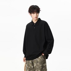 ANYOU 남자 오버핏 폴로 카라 단추 긴팔 티셔츠 맨투맨 풀오버