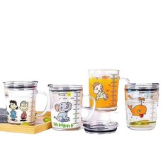 兒童帶刻度玻璃牛奶杯 可愛卡通大容量帶把手吸管杯, 圖案隨機 301 - 400ml, 1個