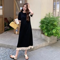 SELEAD 여름롱원피스 빅사이즈원피스 블랙원피스 반팔원피스 검정원피스 심플레트로 미디원피스 루즈핏원피스 L~3XL