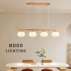 HUGO LIGHTING 原木簡約風格 4燈 吊燈，木質設計，奶油色燈罩，北歐風餐吊燈, 長盤6cm寬木底長盤僅限有裝潢的天花版,附黃光G9LED9W*4=36W定製最寬