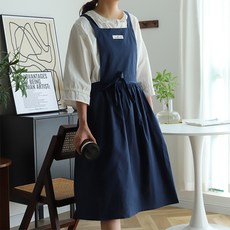 NENAI 코튼 롱기장 원피스 앞치마 에이프런, 네이비, 5개