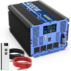 4000W 순수 사인파 전력 인버터 DC 12V에서 110V 120V 타입-C 4 콘센트 포함 듀얼 USB 포트 터미널 블록 가정용 RV 태양광 시스템 자동차용 LCD 디스, 24V-4000W