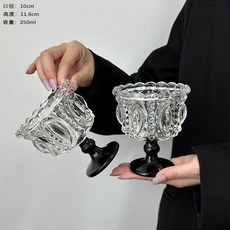 復古玻璃杯 浮雕冰淇淋杯 高腳杯, 1個, 浮雕冰淇淋杯 黑腳 兩個裝