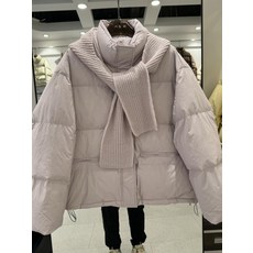 겨울 여성 한국 패션 짧은 면 코트 스탠드 칼라 스카프 스타일 보온 코트 세트