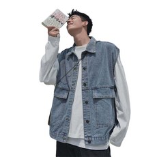 ROYALBELLE 남성 사계절 데님 조끼 외투 빅사이즈 루즈핏 베스트 상의 캐주얼룩 H040712 AN