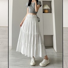 여성 캉캉 A라인 밴딩 하이웨스트 롱스커트 데일리 셔링 케이크 롱스커트 와이드 바스락 롱스커트 시원한 여름 롱스커트 여름 루즈핏 주름 긴치마