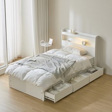 [빠른배송] 퍼니코 루아 LED조명 통서랍 수납침대 프레임 SS/Q + 25cm 텐셀 포켓 필로우탑 매트리스 포함, 라이트 오크