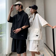 FINE ART 남녀공용 루즈핏 상하의 세트 빅사이즈 반집업 반팔 집업 + 반바지 세트