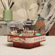 大觀園八音盒 DIY拼裝模型音樂盒 創意生日禮物 臺灣出貨, 乾隆南巡圖【免費補件 拼裝指導】,八音盒+防塵展示盒